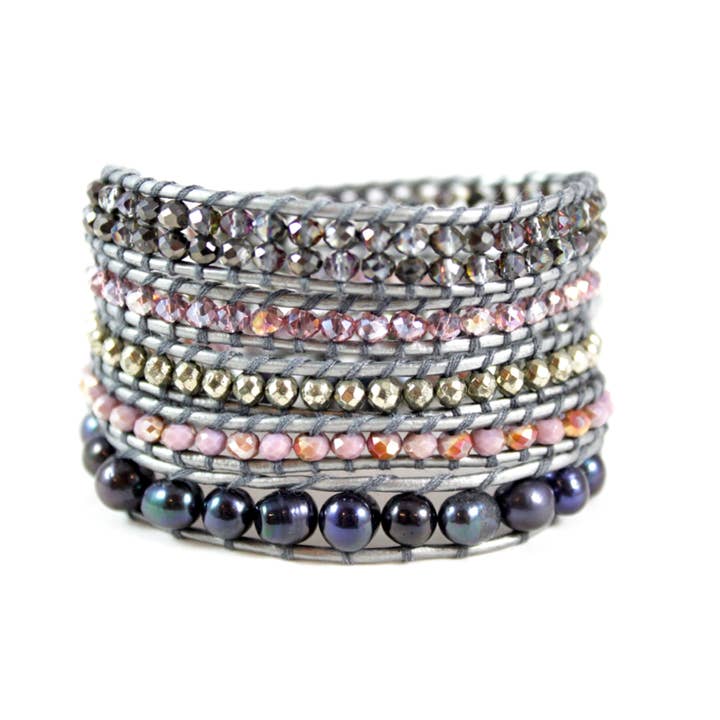 Paloma - Purple Freshwater Pearl Mix Leather Wrap Bracelet for wholesale by LIZOU