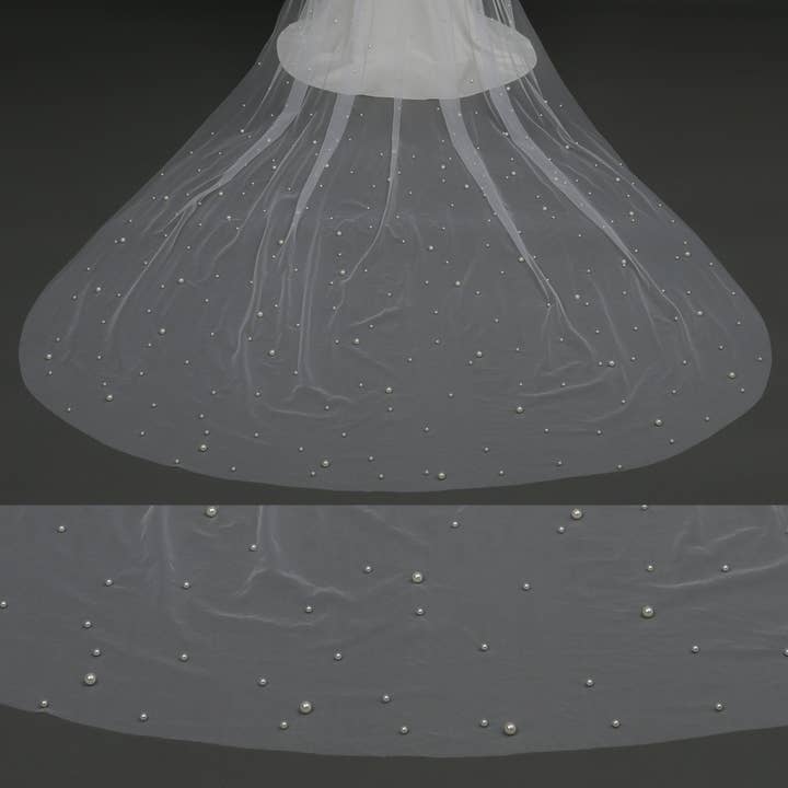 Farinosa Bridal - Wholesale Veil - Women's - FS6355 Scattered Pearls Bridal Wedding Veil 39" 118"