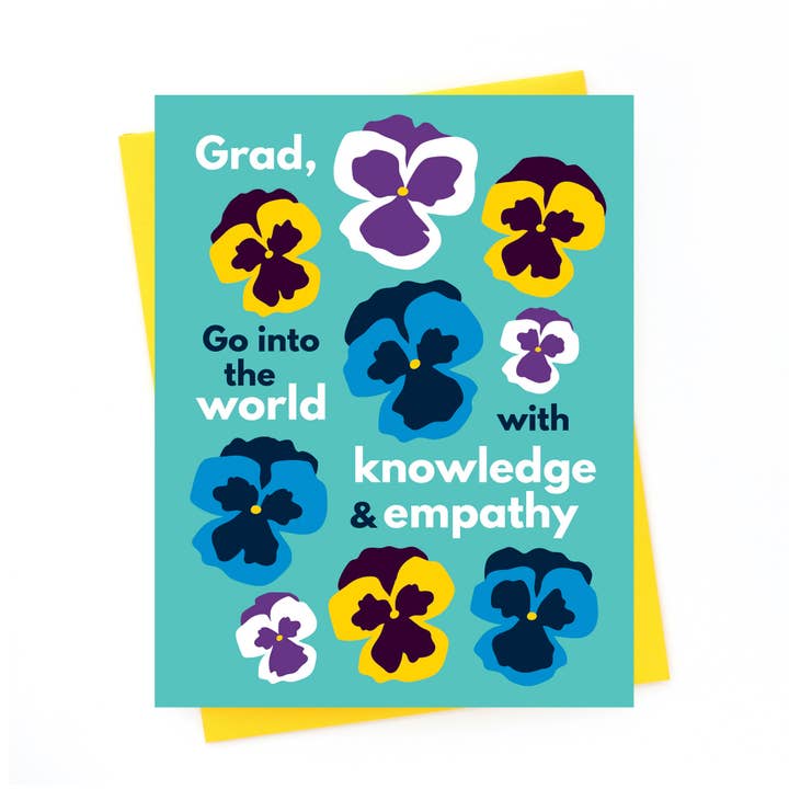 Colorful Pansies Graduation Card Knowledge & Empathy Teal A2 for wholesale by Klinger Creative