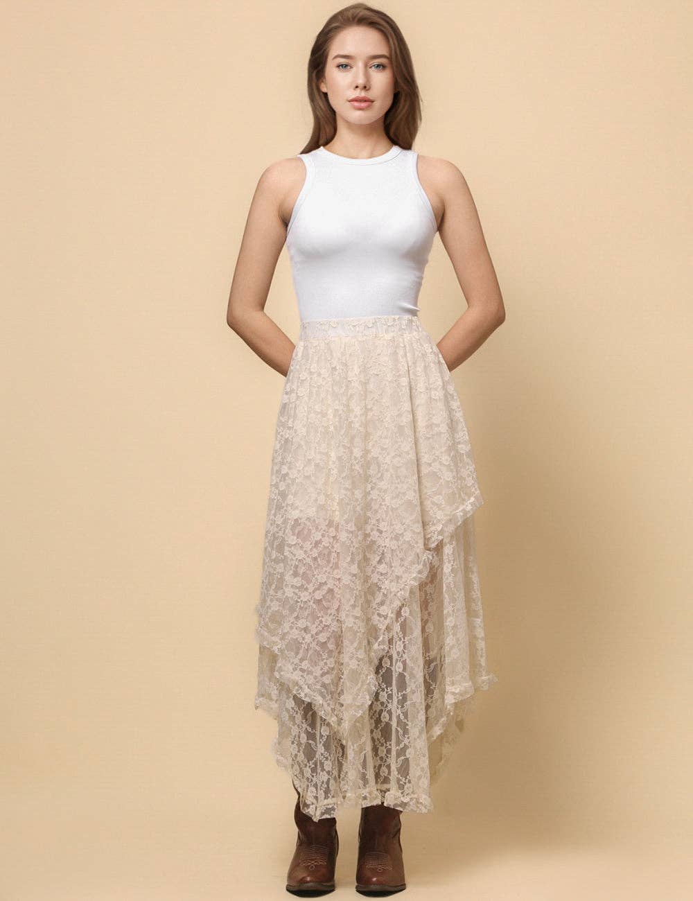 Sweetkama - Vente Jupe – femme - Jupe mi-longue en dentelle florale de couleur unie pour femmes SKS48019