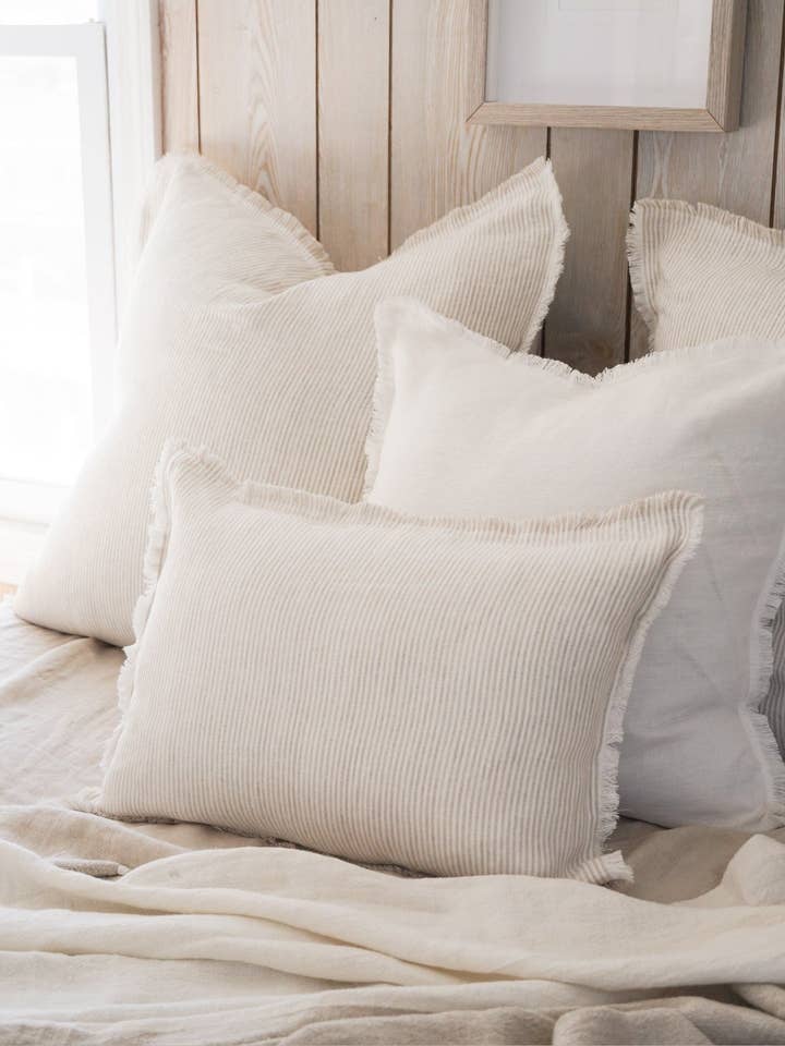Beige Pinstripe Fringe Soft Linen Pillow for wholesale by Anaya Home