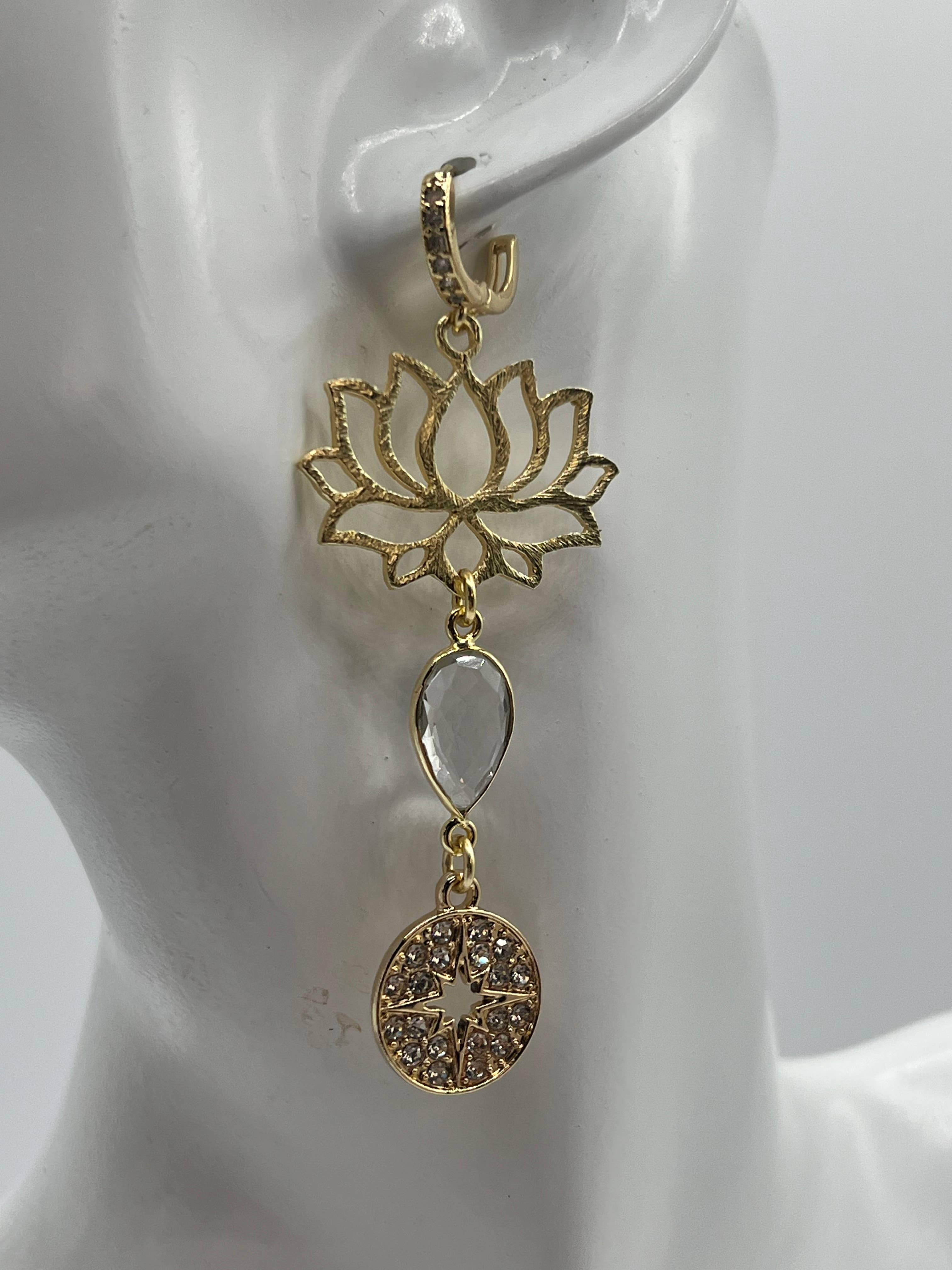 Ritzy Roxx - Wholesale Dangle Earrings - Gemstone Earrings/Large Gold Lotus,Crystal Pear. Pave Star