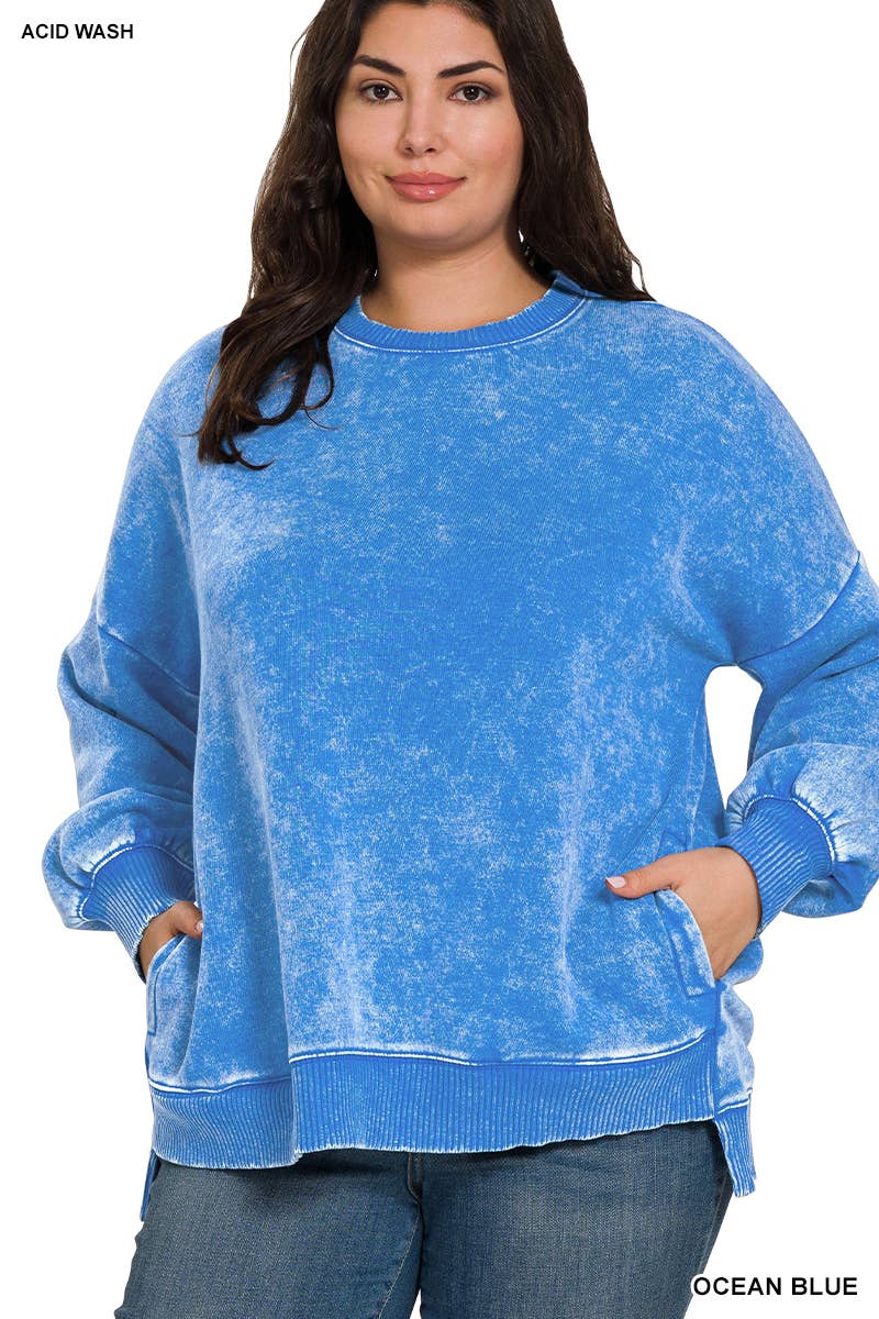 42POPS - Wholesale Sweatshirt - Women's - .Plus Acid Wash Fleece Hi Low Hem Pullover With Pockets19