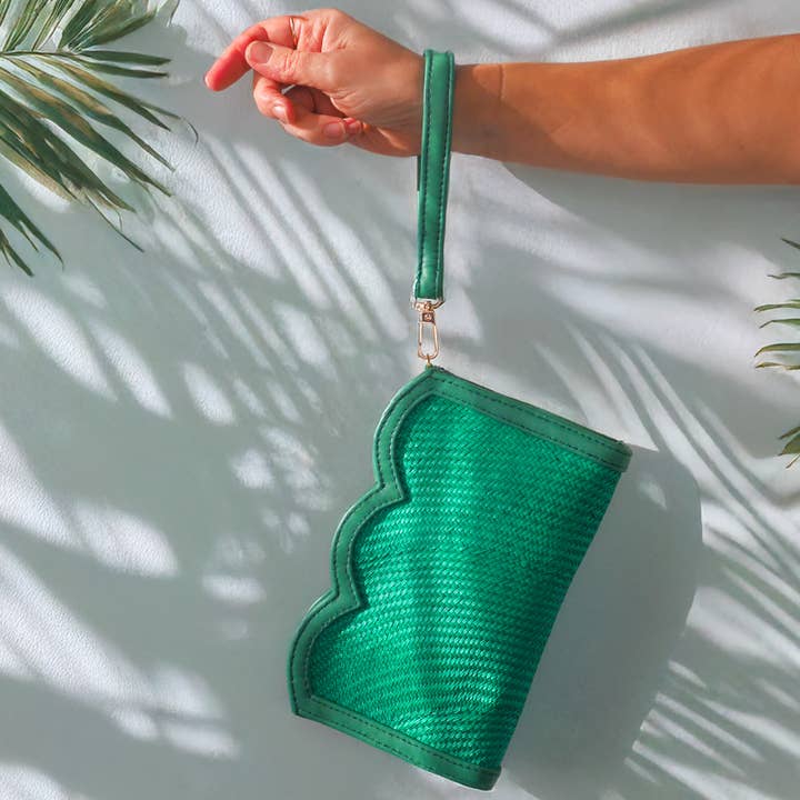 Green Scallop Edge Woven & Leather Wristlet Pouch | Summer for wholesale by Soli & Sun