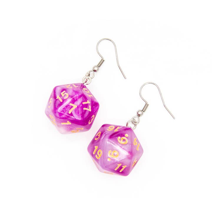 Tabletop Dominion Limited - Wholesale Dangle Earrings - D20 Dice Earrings | Pink & White Swirl | D&D Jewelry