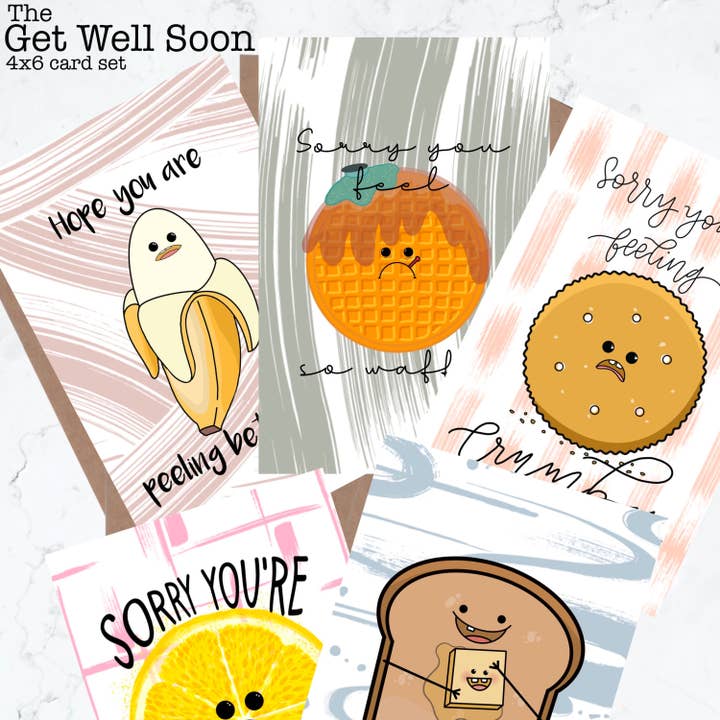 The Get Well Soon Bundle of Prints - Set di 5 biglietti di auguri per la vendita all'ingrosso da parte di Stick With It Sticker Co
