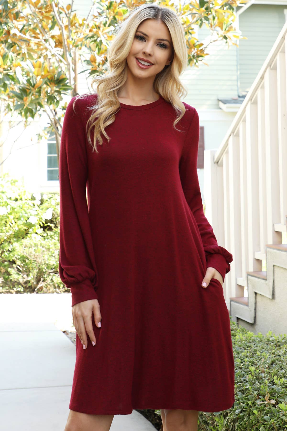 You & Me - Wholesale Dress - Women's - YMD10063V-PUFF LONG SLEEVE HACCI BRUSHED DRESS34
