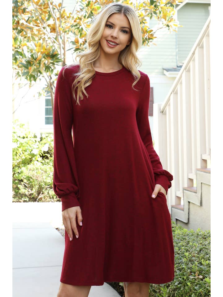 You & Me - Wholesale Dress - Women's - YMD10063V-PUFF LONG SLEEVE HACCI BRUSHED DRESS34