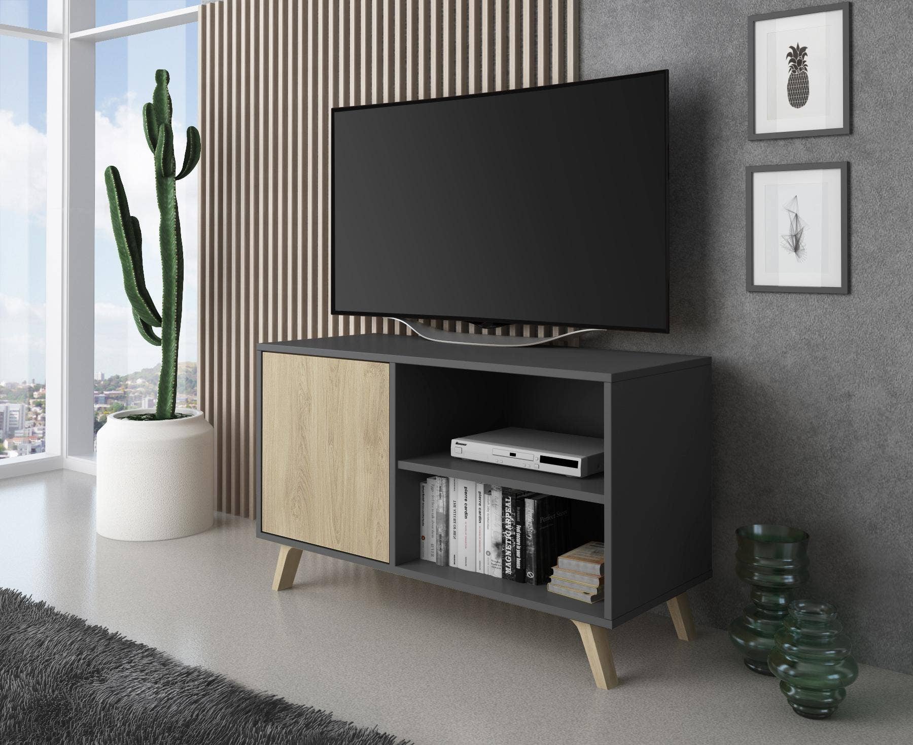 REMOVED BRAND - Vente Console - Meuble TV 100 avec porte gauche, salon, modèle WIND, couleur de structure gris anthracite, couleur de porte Puccini, dimensions 95x40x57 cm de hauteur.1
