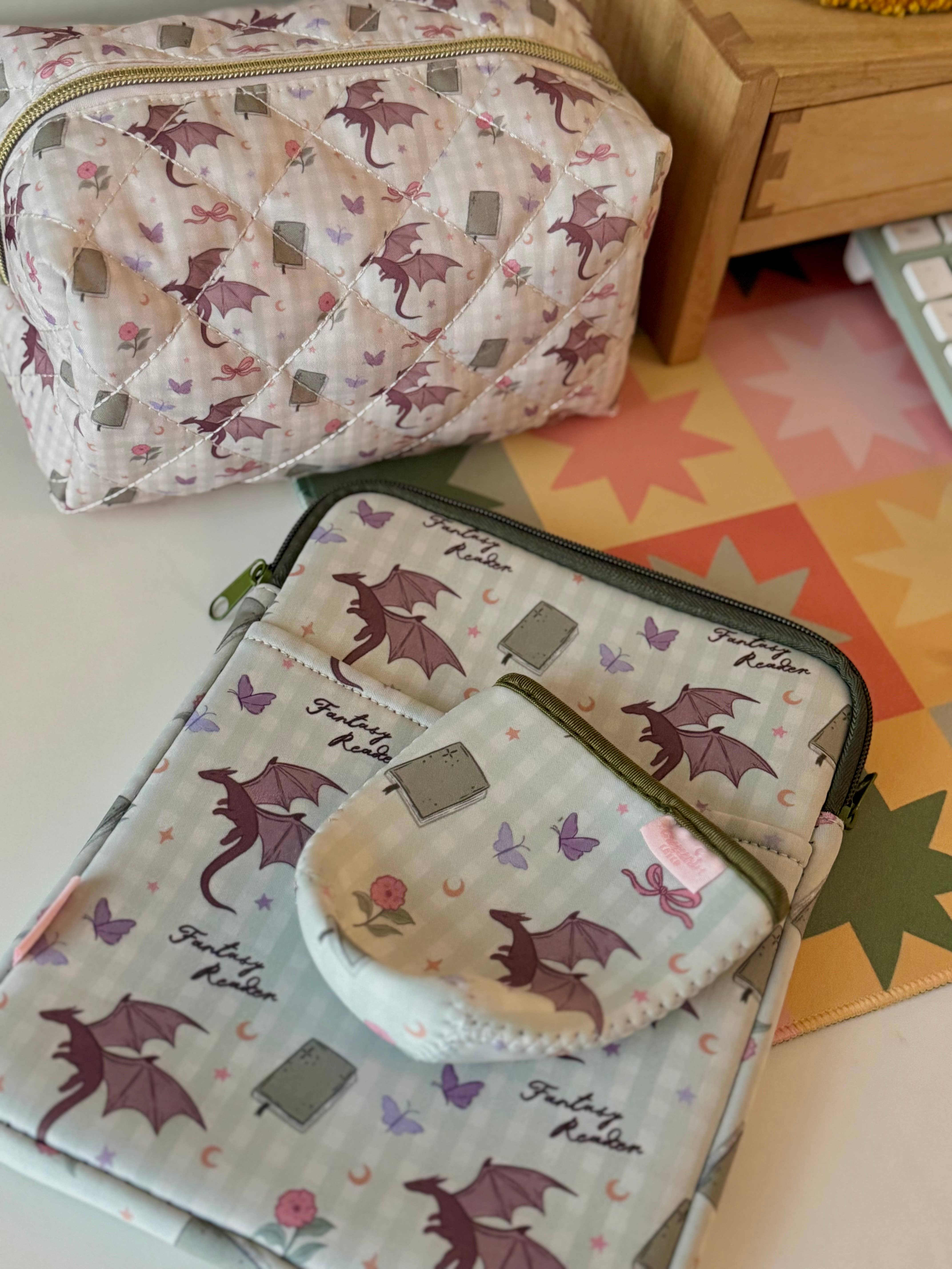 CrescentCatCo - Wholesale Pouch - Women's - Fantasy Reader Gingham Dragon Book & Kindle Sleeve Pouch 5