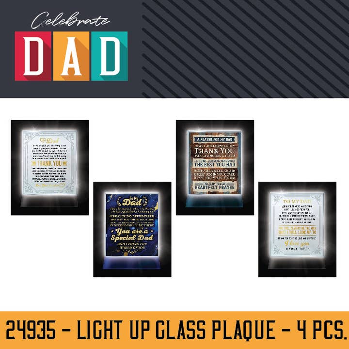 Novelty Closeout - Wholesale Plaque - Glass Keepsake Plaque Father's Day Dad Assortment- 4/Pack