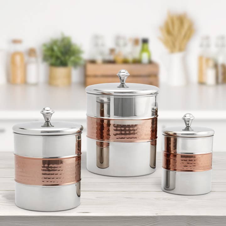 Lexi Home - Wholesale Canister Set - 3-Piece Stainless Steel & Copper Hammered Canister Set