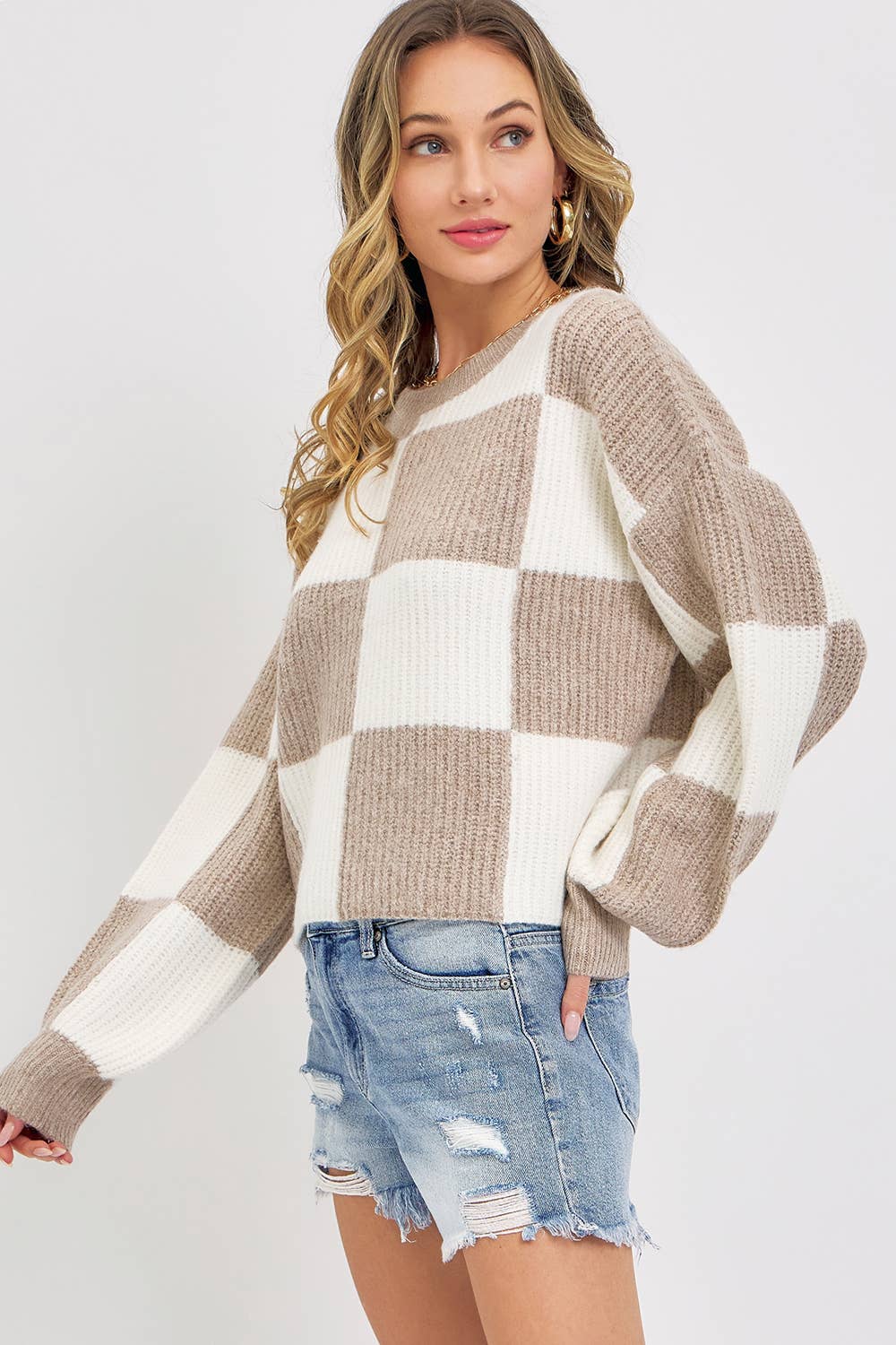 Sweet Lovely by Jen - Wholesale Knit Sweater - Women's - CASUAL SOFT COZY  RELAXED FIT CHECKER KNIT SWEATER1