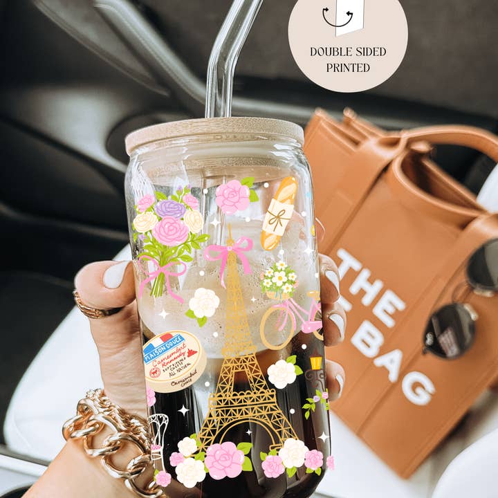 the cute cloud - Wholesale Drinking Glass/Cup - Paris France Love City Double Sided Glass Cup + Lid & Straw0