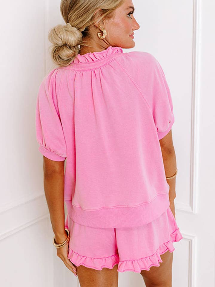 Pink Half Zip Puff Sleeve Top and Ruffled Shorts Set for wholesale on Faire