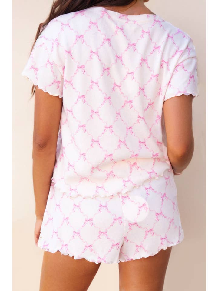 LA Society - Wholesale Lounge Set - Women's - Bow Knot Geometric Print Lettuce Trim Two Piece Lounge Set