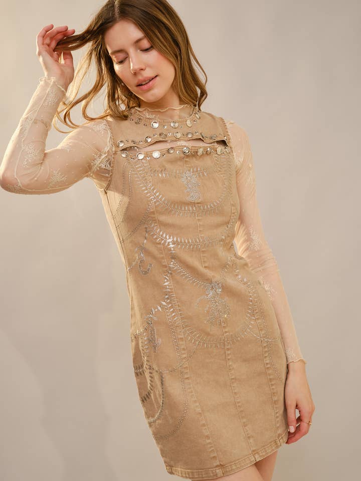 23813D Studded Embroidered Denim Mini Dress for wholesale by Blue B