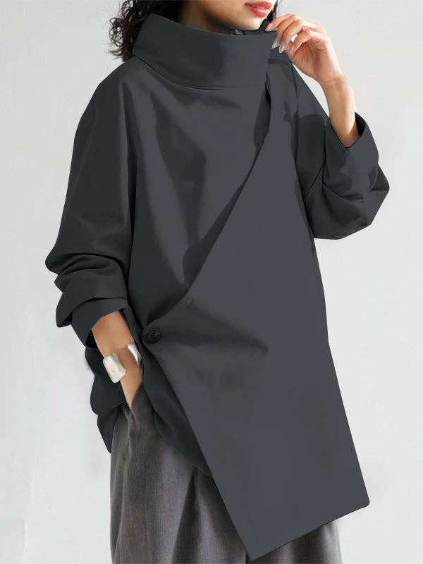 Plush Looks - Wholesale Tunic - Women's - Long Sleeves Loose Solid Color High Neck T-Shirts Tops2