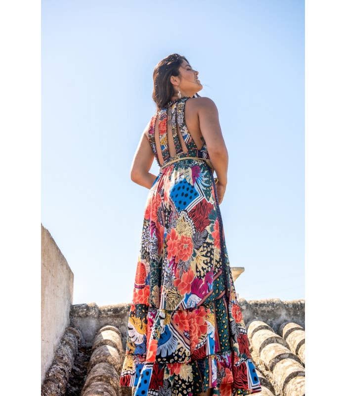 1242 RÉF. : 001242 Robe Sarmiento dos nu à imprimé coucher de soleil et lune en vente sur Faire4