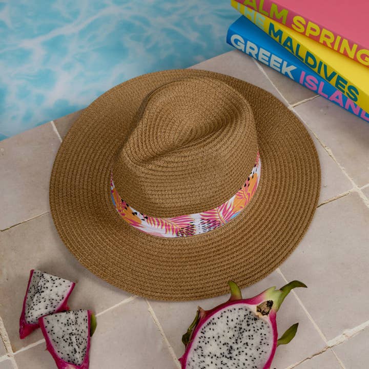 Nakoa The Label - Wholesale Fedora – Women’s - Fedora Sun Hat - Saint Tropez - Abstract Pink Palm Leaves1