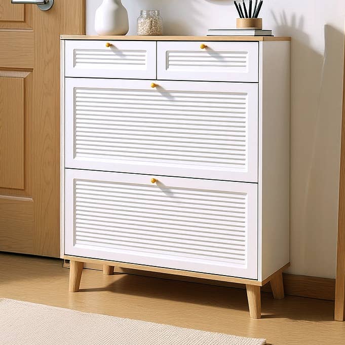 Entryway Natural Wood Shoe Cabinet with Flip Doors & Drawers for wholesale by HOMYCASA DESIGN INC