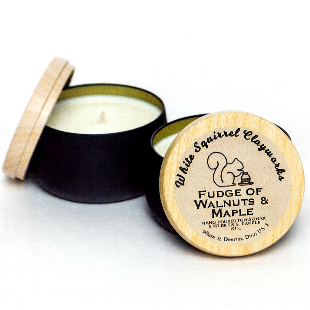 White Squirrel Clayworks – wholesale Travel candles – Fudge of Maple Walnut- Hand-Poured Soy Candle Black Tin -7oz0