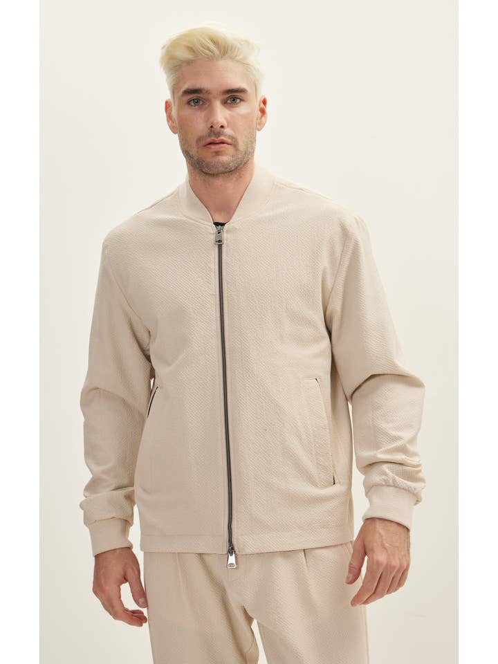 Men's Waffle Stretch Beach Day Bomber Jacket - Stone for wholesale on Faire