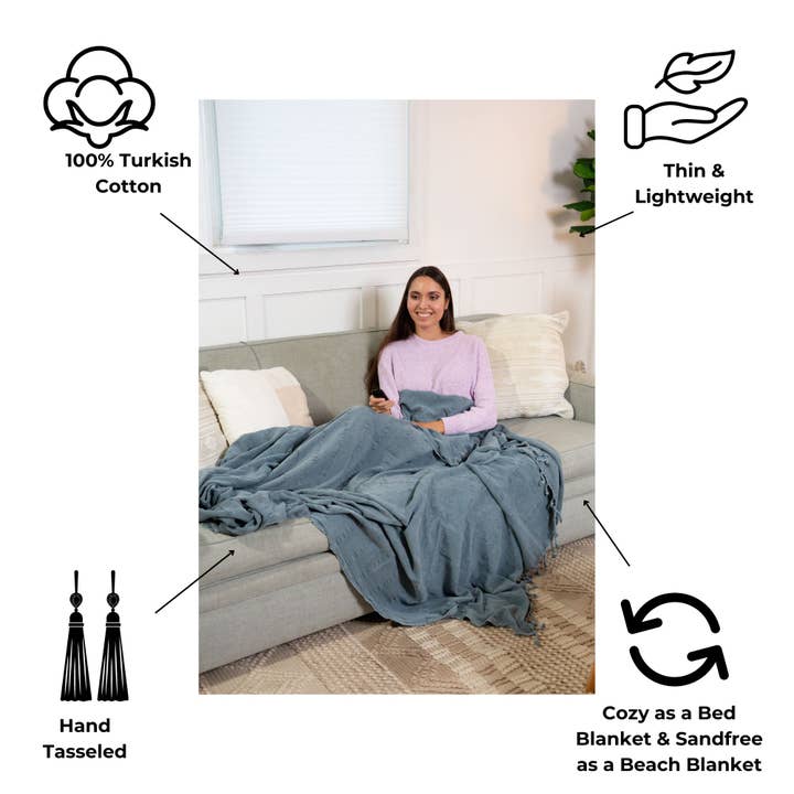 InfuseZen - Wholesale Throw Blanket - XL Stonewashed Cotton Turkish Throw Blanket in Denim
8