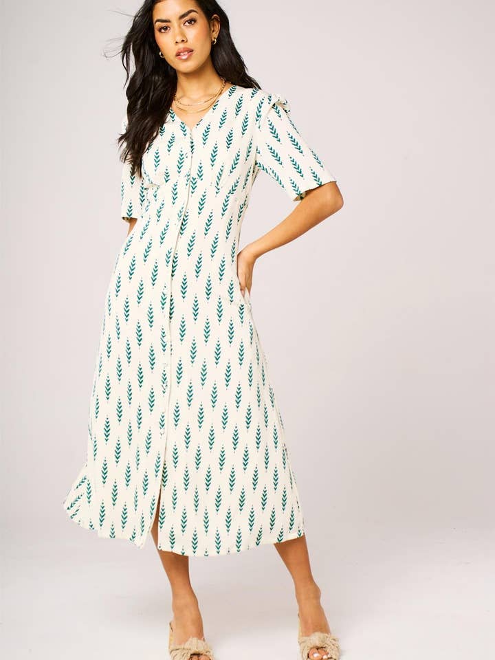 Vestido Midi Branco com Botões Frontais e Estampa de Folhas Verdes por atacado de FS Collection