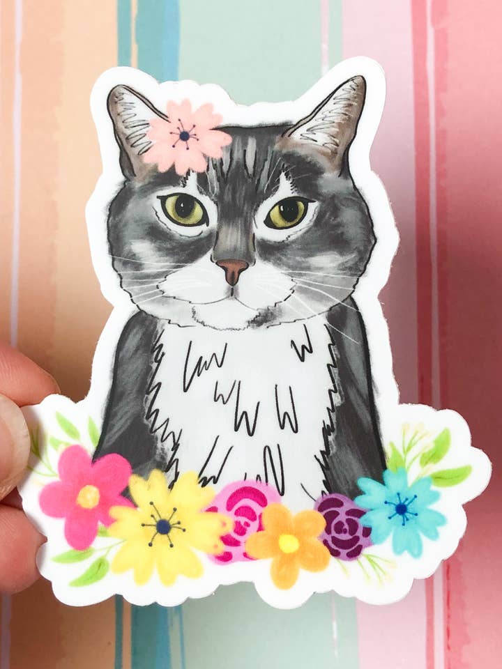 Floral Cat Charity Vinyl Sticker for wholesale by Emily Cromwell Designs