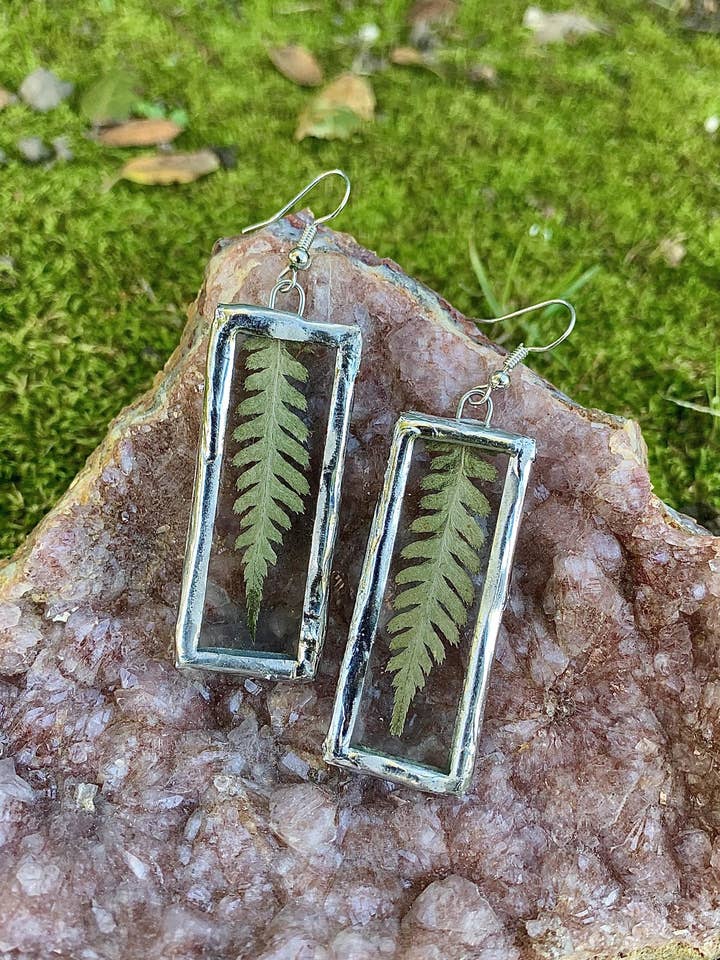 Fern Plant Drop Earrings Silver Tin Solder Glass Art Jewelry for wholesale by Outsider Artshop