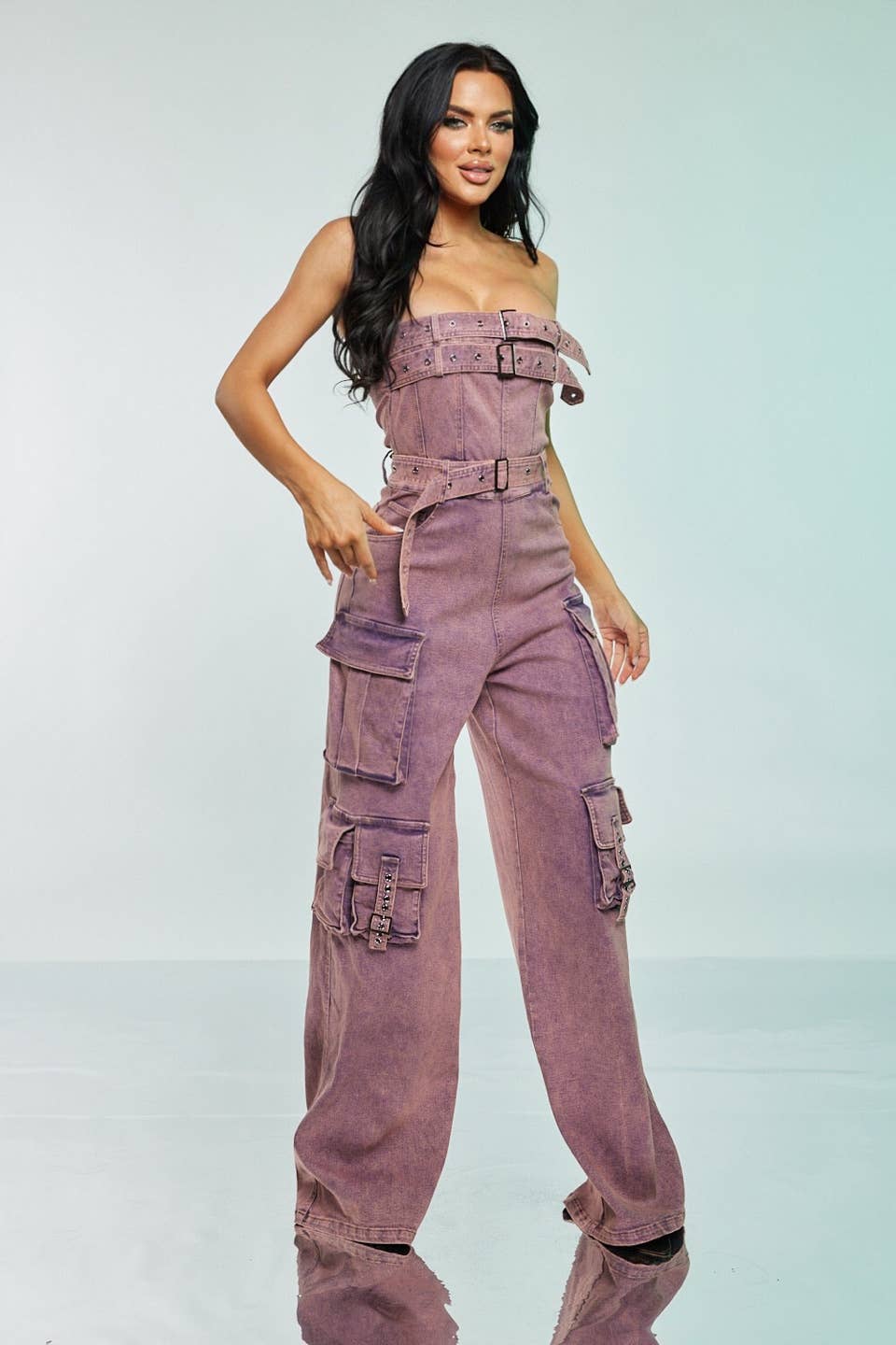 Pink Acid-Wash Cargo Jumpsuit Spandex for wholesale on Faire0