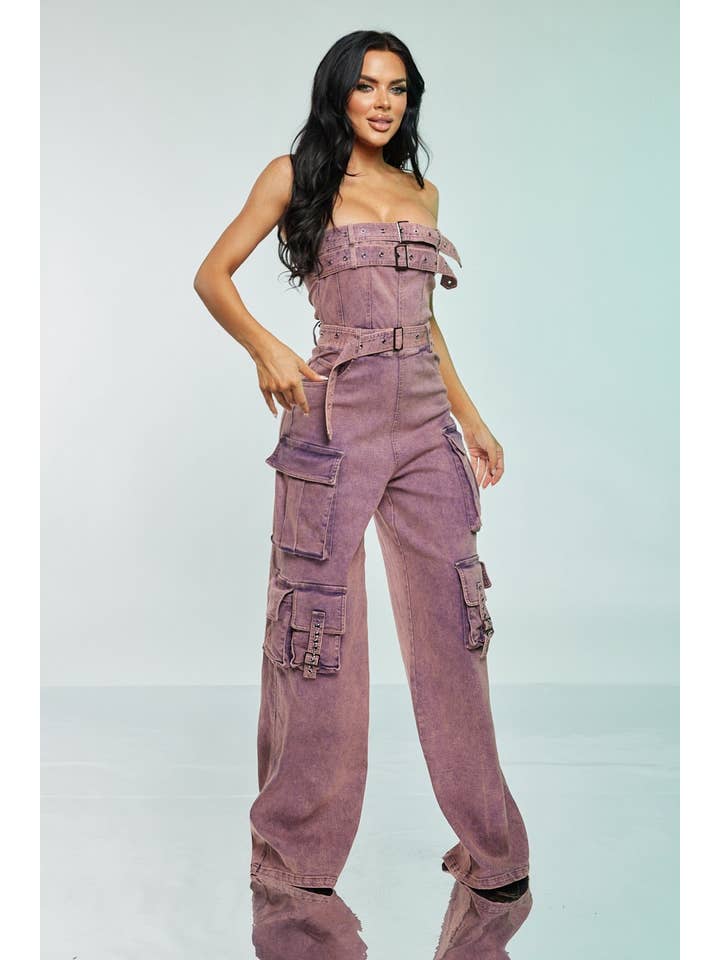Pink Acid-Wash Cargo Jumpsuit Spandex for wholesale on Faire