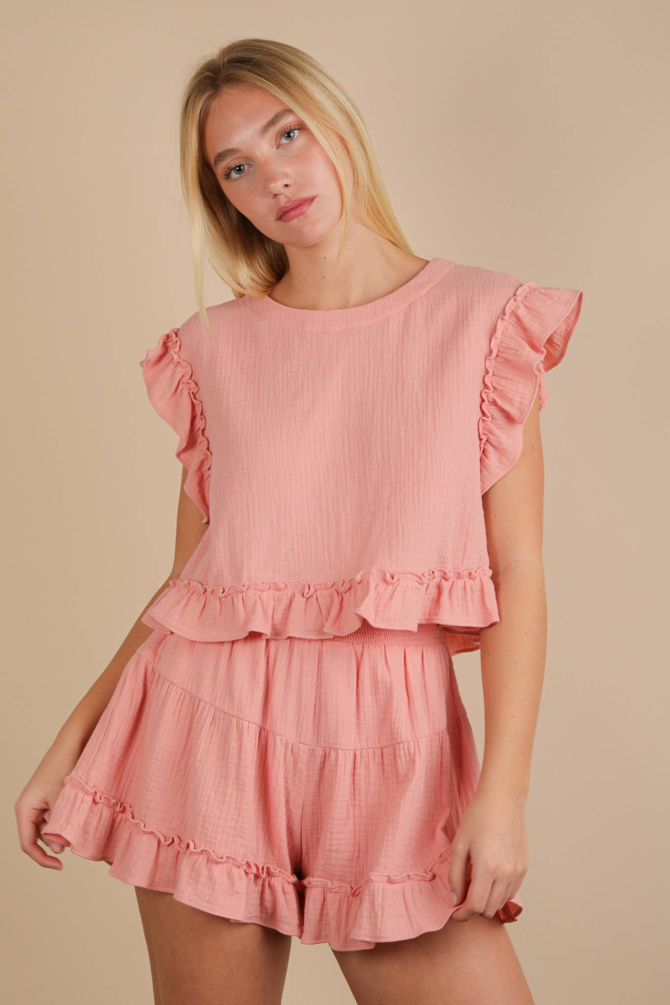 VERY J - Wholesale Top & Short Set (NOT Loungewear) - Women's - NT12150SET-Ruffled Solid Woven Top & Shorts Set27