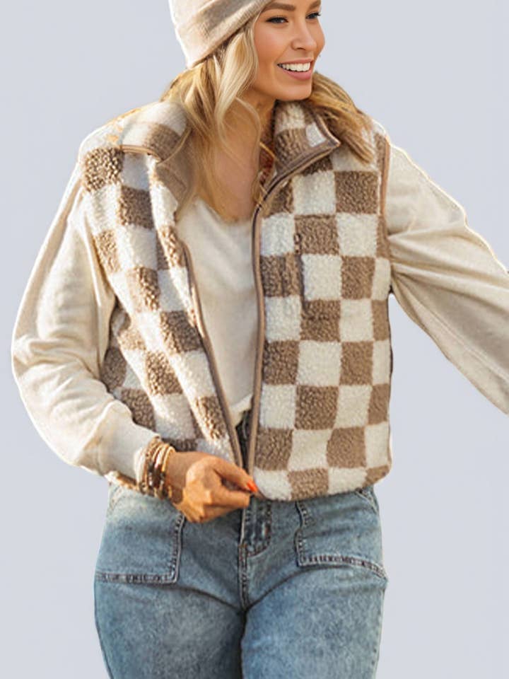 Gilet Sherpa à Carreaux Kaki pour la vente par Lex Wholesale