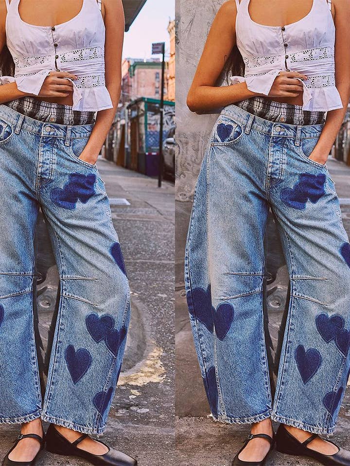 Hearts Vintage Heart Pattern Loose Denim Wide Leg Pants for wholesale on Faire