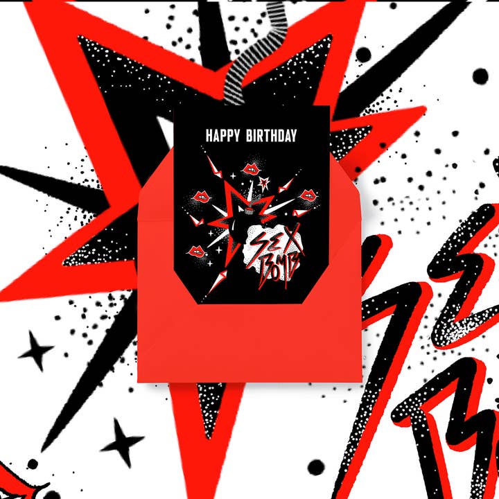 Grattis på födelsedagen, Sexbomb. Svart födelsedagskort. för wholesale av Kiki Gunn