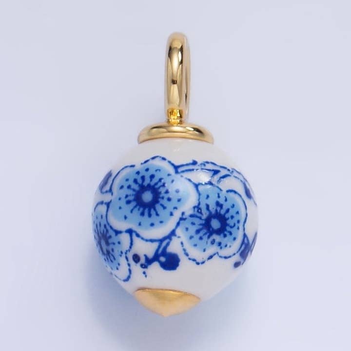 24K Gold Filled Blue Flowers White Ceramic Drop Charm | W122 for wholesale by Aim Eternal