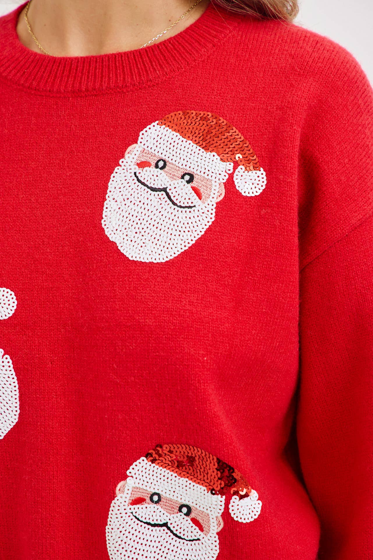 Red FESTIVE CHRISTMAS HOLIDAY SANTA SEQUIN SWEATER for wholesale on Faire8