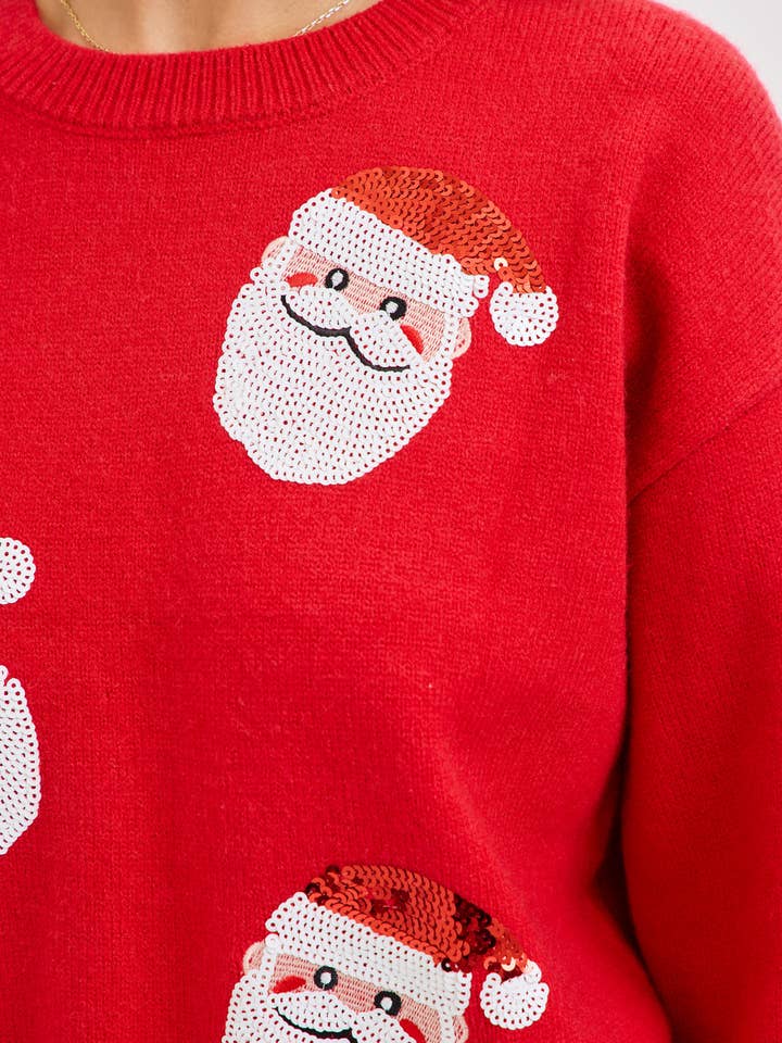 Red FESTIVE CHRISTMAS HOLIDAY SANTA SEQUIN SWEATER for wholesale on Faire8
