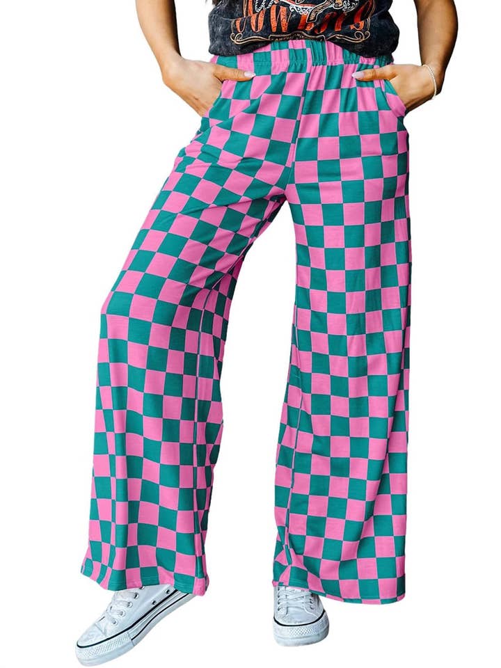 Rosa Clothing - Wholesale Pants - Women's - Casual Plaid Elastic Waist Wide Leg Pants