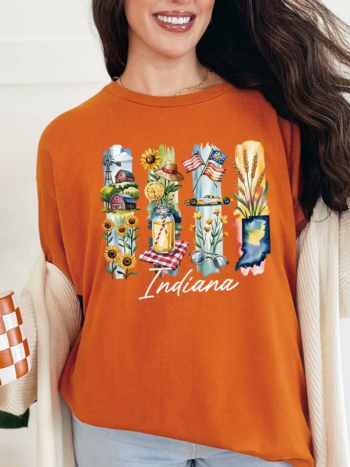 Indiana State Brushstroke Graphic Heavy Cotton Tee for wholesale by Pink Irene Wholesale