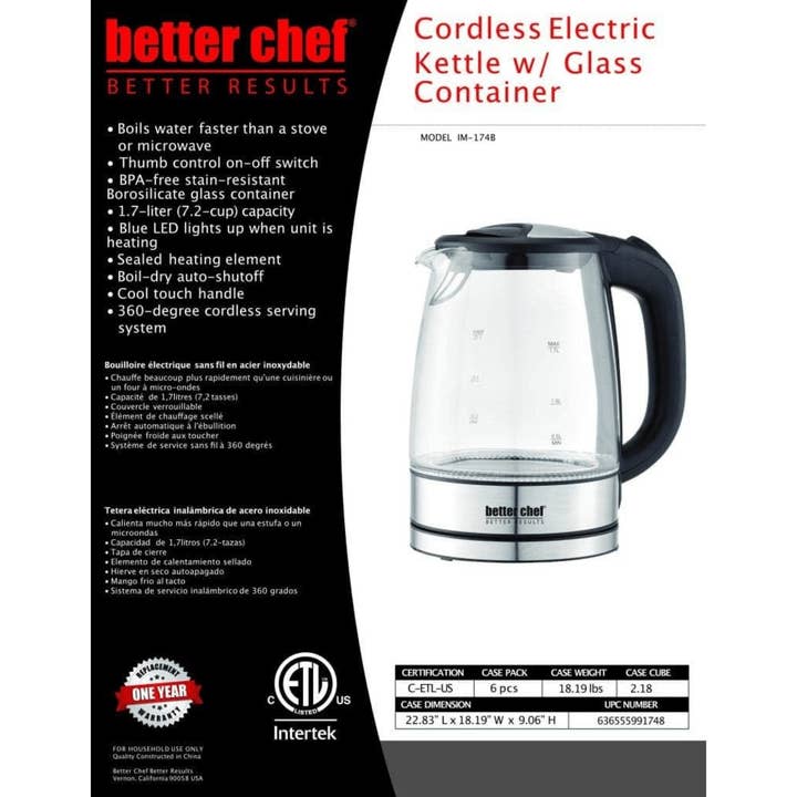 JupiterGear Home - Wholesale Kettle - Better Chef Cordless Electric Borosilicate Glass Kettle2