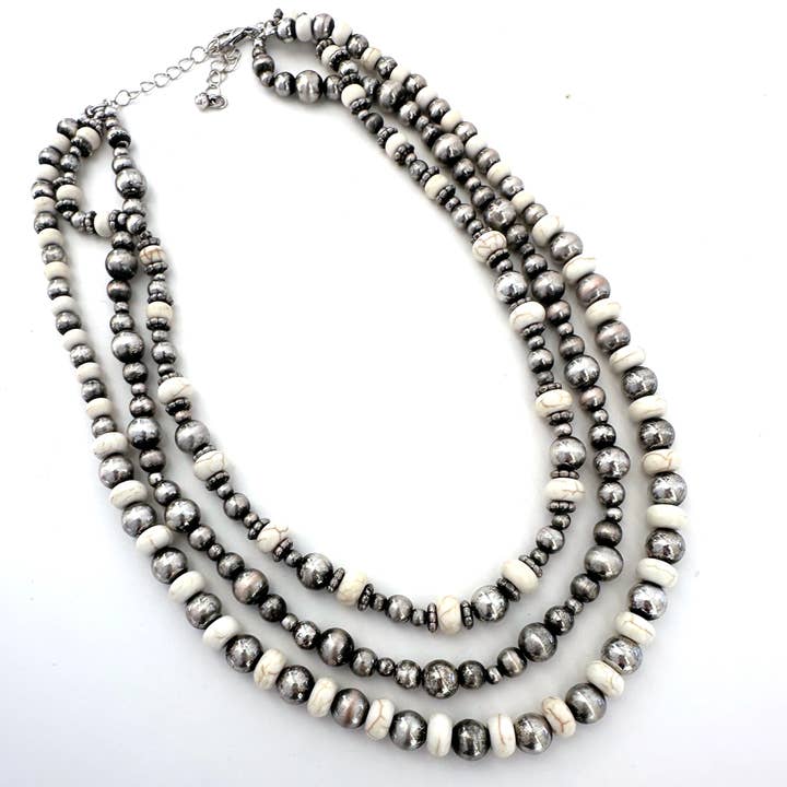 Triple Strand Stone And Silver Bead Necklace - Ivory for wholesale by Wyo-Horse Jewelry