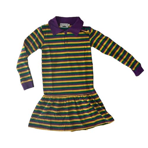 Mardi Gras stribet langærmet kjole med krave for engroshandel hos Blended Spirit Children’s Clothing