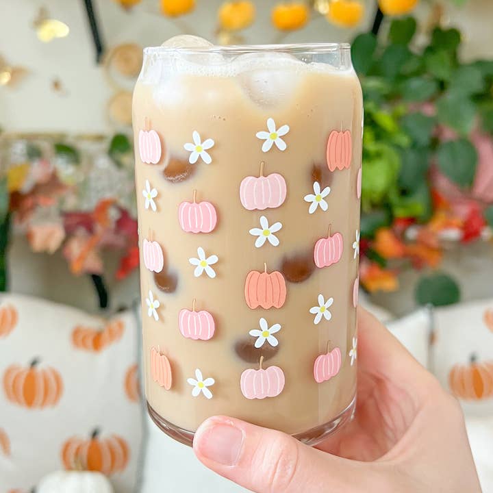 Hart and Flora Shop – wholesale Drinking glass/cup – 16oz Pumpkins and Daisies Glass0