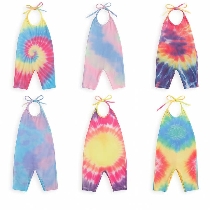 Tie-Dye Colorful Halter Girl Overall Harem Jumpsuit for wholesale by Fennco Styles