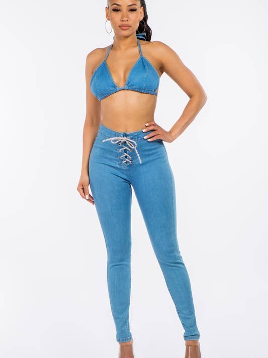 Ensemble DB005-1221 - Denim skinny à strass avec bikini en jean pour la vente par LABIJOU