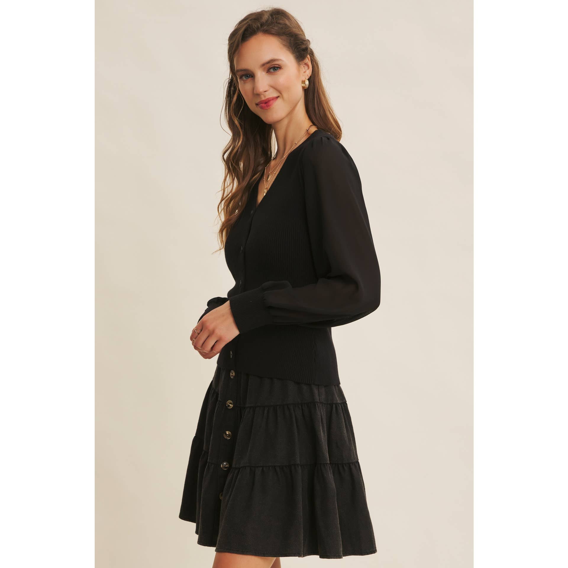 in february - Wholesale Cardigan - Women's - FITTED RIB SWEATER CARDIGAN WITH SHEER CHIFFON SLEEVES14