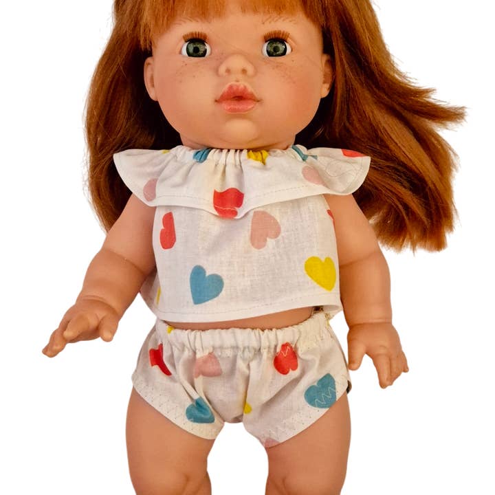 LEONIE 2 pièces culotte + blouse col froufrou cœur multi pour la vente par Maman Poule et Papa Coq